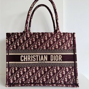Dior Burgundy and Cream Canvas Tote with Signature Logo